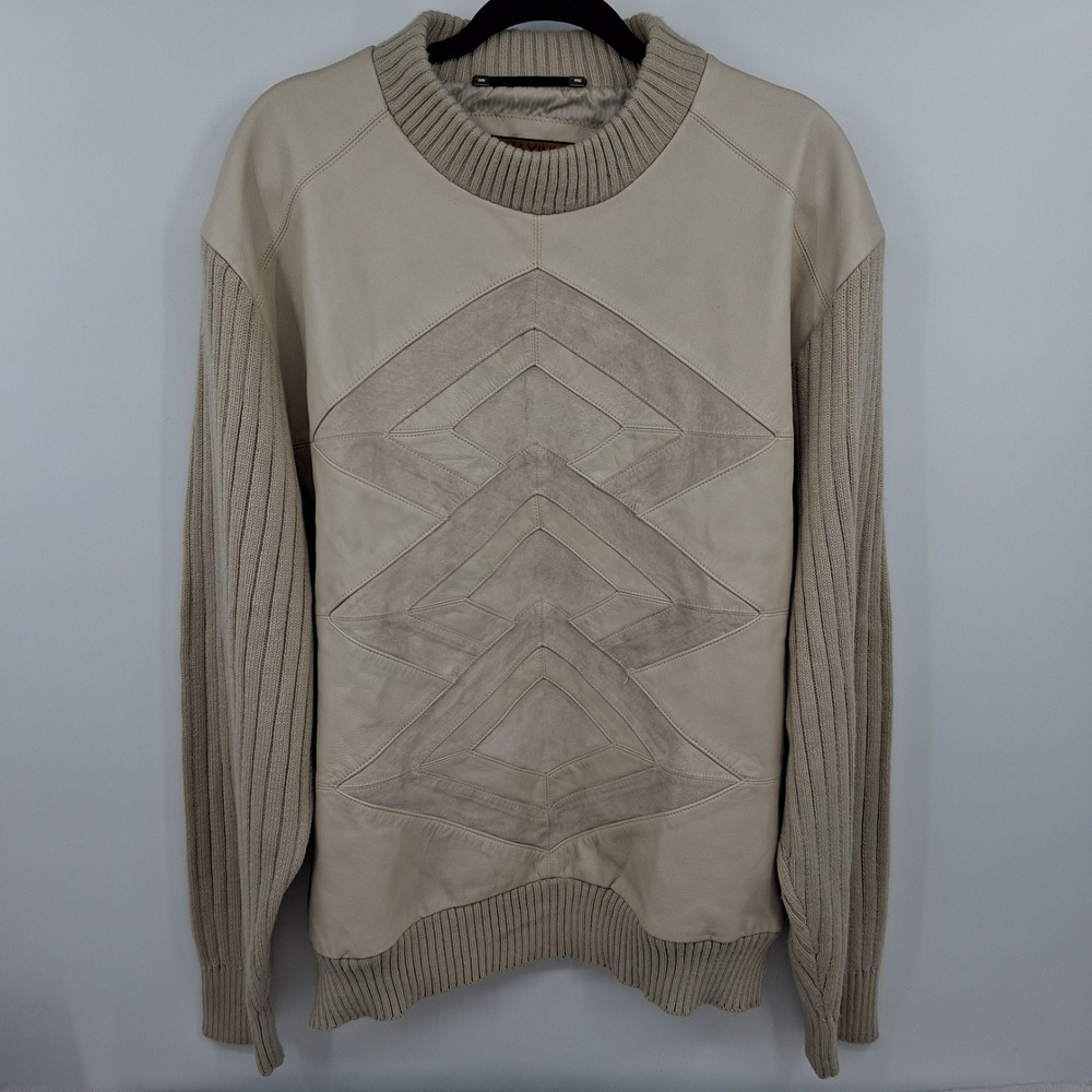 Vtg Maxini Collezione Textured Biggie Cosby‎ Grandpa Sweater Leather Cream EUC